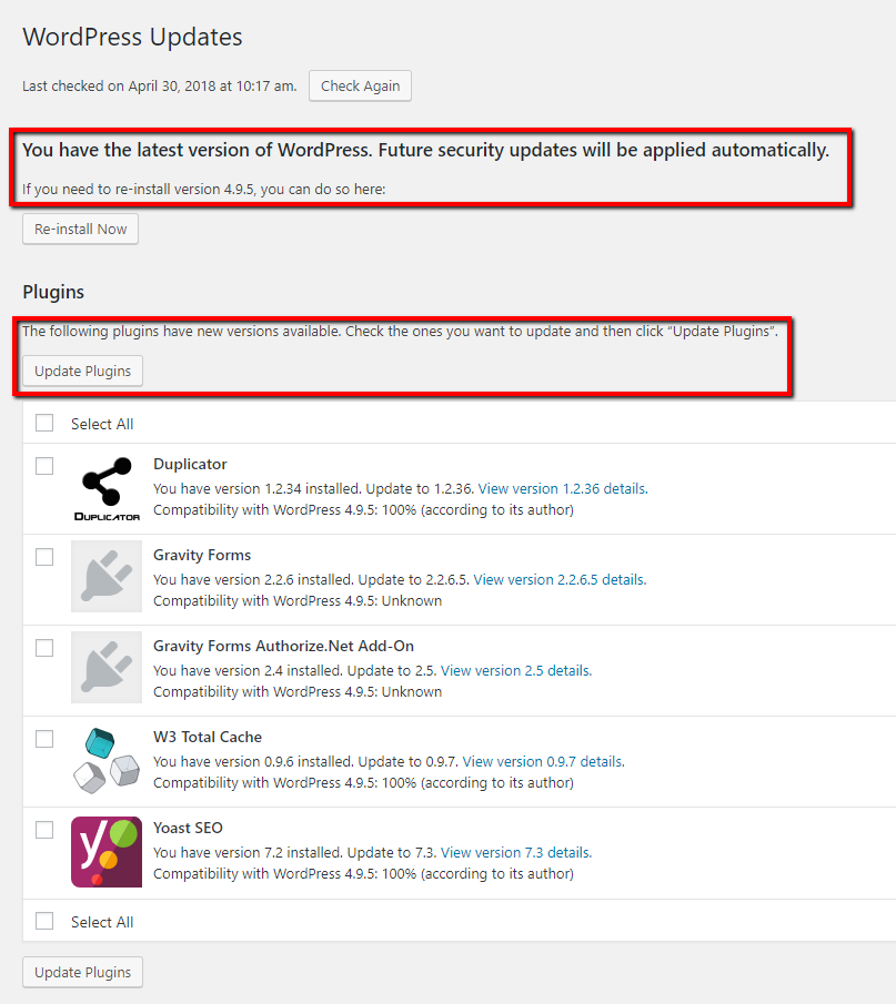 updates to WordPress Example of WordPress Updates Page