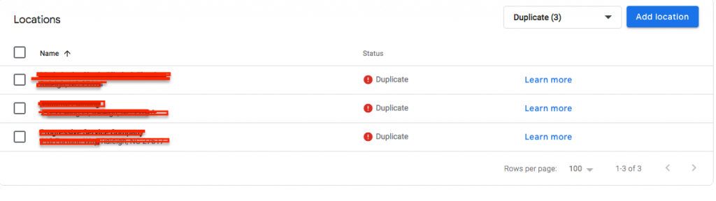 Bagian Daftar Duplikat di Google Bisnisku